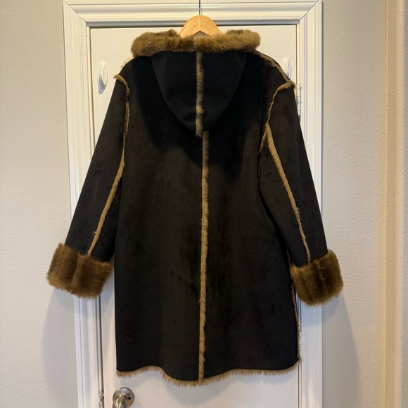 Dennis Basso Reversible Coat Black Brown Faux Suede Faux Fur Hooded Sz Large - Picture 3 of 9